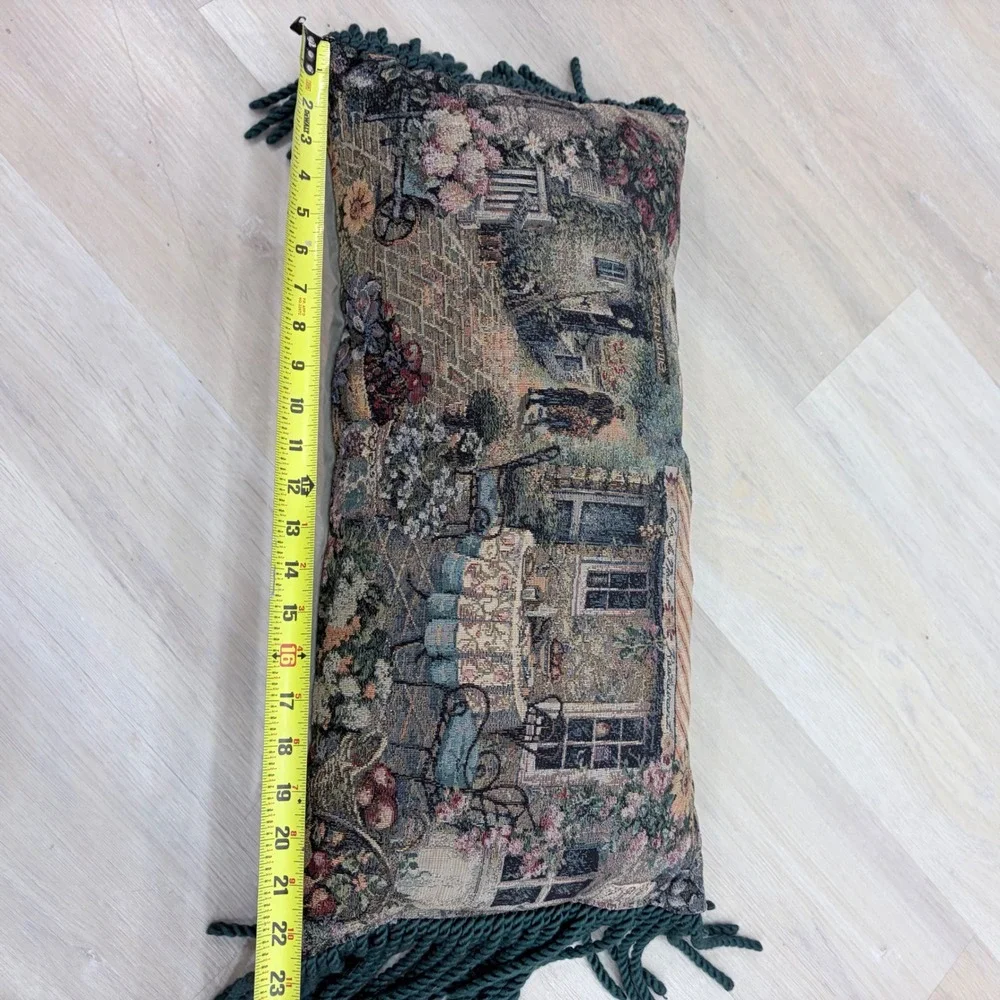 Vintage Woven Tapestry Lumbar Pillow European Cafe Scene Green Fringe 22x12